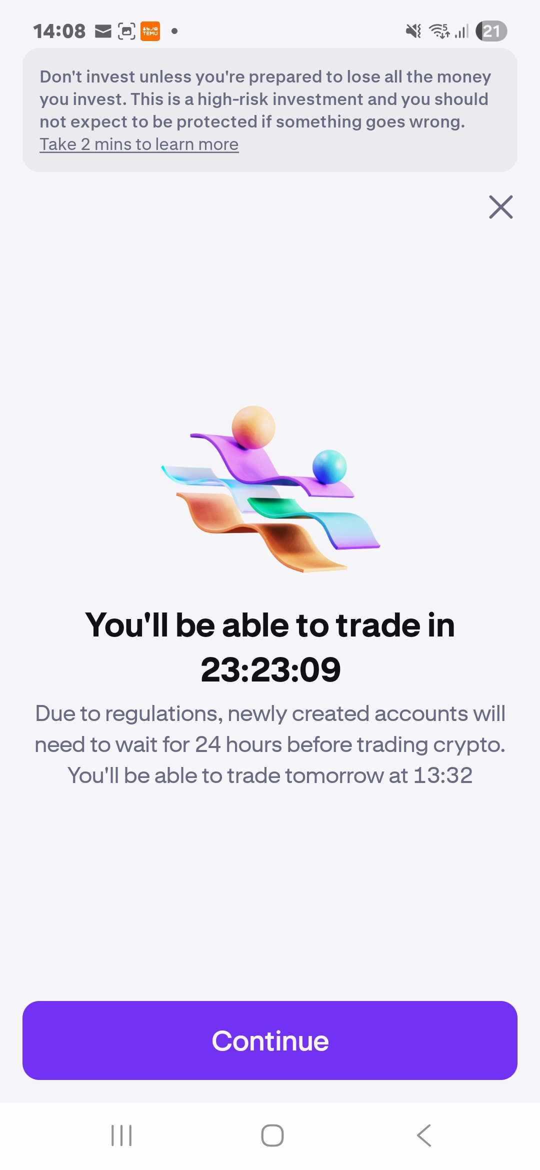 MoonPay 24-hour wait message after quiz (even on correct answers)