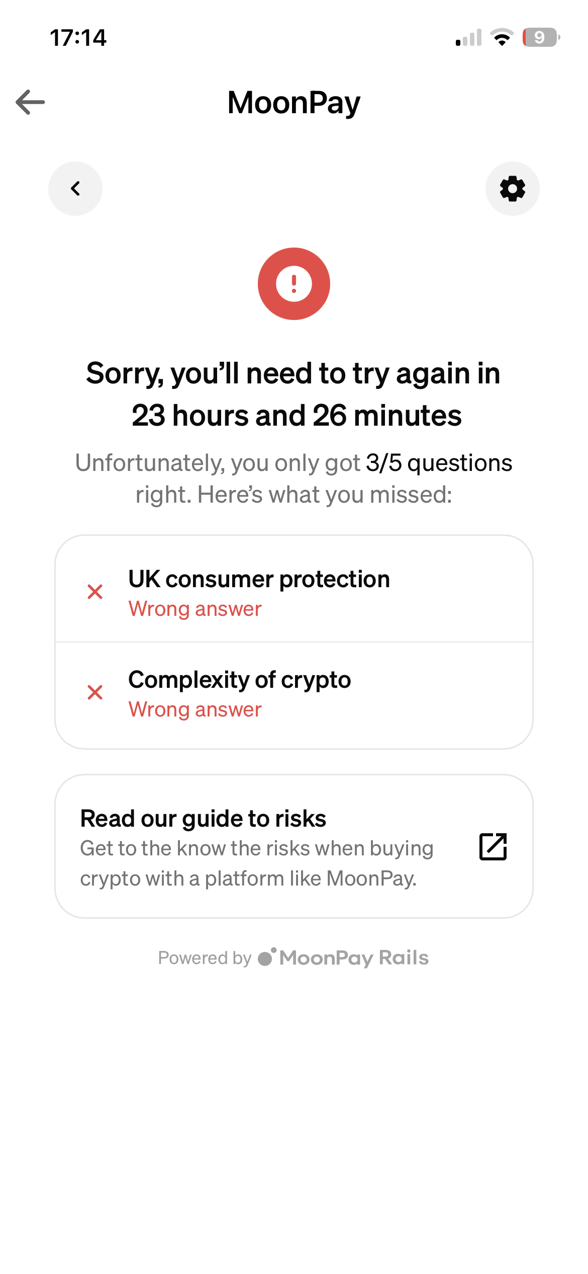 MoonPay error after wrong answers – 24 hour wait